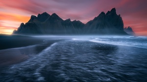 Vestrahorn mountain, Scenic, Iceland, Black sand beach, Ocean Waves, Sunset, Twilight, Dramatic, Stokksnes, 4K wallpaper