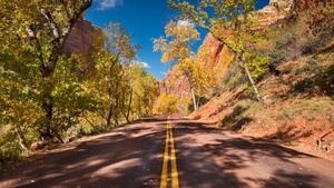 Open Road, Autumn trees, Landscape, Blue Sky, Cliffs, 4K wallpaper