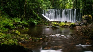 Waterfalls, Spain, Long exposure, Water Stream, Forest Trees, Greenery, Landscape, Green Moss, 4K wallpaper