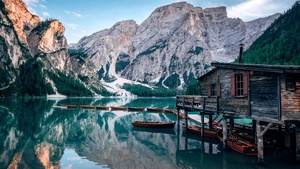 Italy, Wooden House, Boats, Mountains, Glacier, Snow, Body of Water, Reflection, Landscape, Scenery, Travel, 4K wallpaper