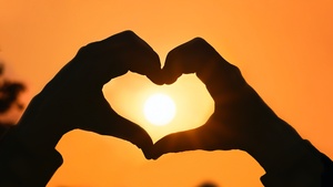 Sunset, Silhouette, Heart shape, Hands together, Valentines Day, Orange background, February, 4K wallpaper