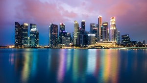 Singapore, Cityscape, Buildings, Skyscrapers, Reflection, Body of Water, Night, City lights, Skyline, Colorful, 4K wallpaper