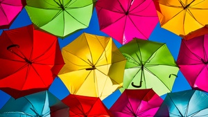 Umbrellas, Street festival, Colorful, Looking up at Sky, Rainbow colors, 4K wallpaper