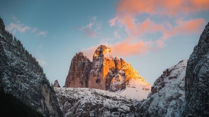 Tre Cime di Lavaredo, Italy, Mountain range, Rock formations, Snow covered, Glacier, Landscape, Mountain View, Peaks, Alps, Golden hour, Sunset, Scenery, 4K wallpaper
