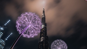 Burj Khalifa, United Arab Emirates, Dubai, Skyscraper, Modern architecture, High rise building, Dandelion flowers, Low Angle Photography, Sky view, Night time, Clouds, 4K wallpaper