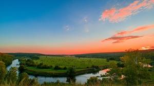 Russia, Sunset Orange, Clear sky, Green Meadow, Water flow, Landscape, 4K wallpaper