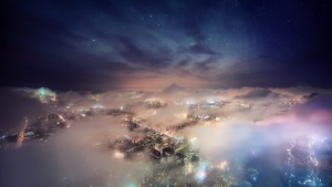 New York City, Above clouds, Cityscape, City lights, Aerial view, Skyline, Long exposure, Clouds, Starry sky, Skyscrapers, Digital composition, 4K wallpaper