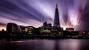 The Shard, London, England, Landmark, Cityscape, City lights, Skyscrapers, River Thames, Skyline, Long exposure, Sunset, Purple sky, 4K wallpaper