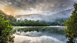 Australia, Cloudy Sky, Sunrise, Green Trees, Forest, Misty, Reflection, Landscape, Mirror Lake, 4K wallpaper