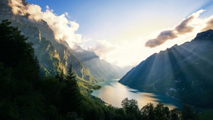 Alps, Switzerland, Landscape, Mountains, Sunset, Sun rays, Clouds, Green Trees, Scenery, 4K wallpaper