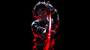 Tanjiro Kamado, AMOLED, Red aesthetic, Black background, Sword, Demon Slayer: Kimetsu no Yaiba, 4K wallpaper