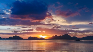 Philippines, Seascape, Sunset, Body of Water, Silhouette, Mountains, Cloudy Sky, 4K wallpaper