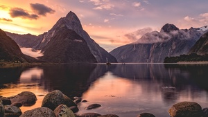 Fiordland National Park, Milford Sound, Mitre Peak, New Zealand, Sunset, Body of Water, Rocks, Lake, Reflection, Fog, 4K wallpaper