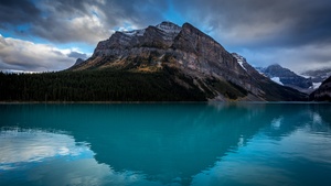 Blue lake, Landscape, Scenery, Body of Water, Mountain Peak, Reflection, Green Trees, Snow covered, Cloudy Sky, 4K wallpaper