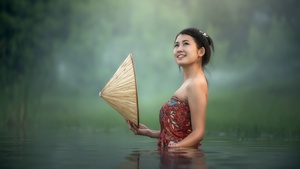 Asian Girl, Teen, Lake, Pond, Bath time, Portrait, Smiling, Thailand, 4K wallpaper