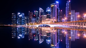 Singapore, City Skyline, Skyscrapers, Modern architecture, Body of Water, Reflection, Symmetrical, Cityscape, Night time, City lights, Beautiful, 4K wallpaper