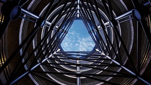 Looking up at Sky, Symmetrical, Pattern, Blue Sky, Circular, Structure, 4K wallpaper