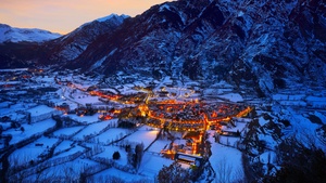 Town, Winter, Mountains, Night, Snow covered, 4K wallpaper