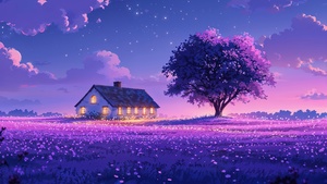 Purple aesthetic, Scenery, Landscape, Night sky, Serenity, Countryside, Tranquility, Digital art, 4K wallpaper