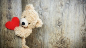 Red heart, Teddy bear, Wooden background, Soft toy, Stuffed, Valentines Day, Fur, Fluffy Bear, Emotions, Cute toy, February, 4K wallpaper