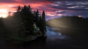 Scenic, Cabin, Countryside, River Stream, Serene, Sunset, Cottage, Quiet, 4K wallpaper