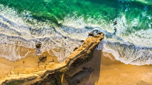 Seashore, Aerial view, Beach, Cliff, Ocean, Waves, Beautiful, Birds eye view, Sand, 4K wallpaper
