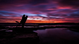 Couple, Sunset, Silhouette, Together, Romantic, Colorful Sky, Dusk, Water, 4K wallpaper