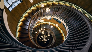 Wooden stairs, Aesthetic, Spiral staircase, Chandelier, Modern lighting, 4K wallpaper