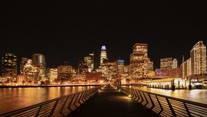 San Francisco City, Cityscape, Black background, Night time, City lights, Skyscrapers, Waterfront, Pier, 4K wallpaper