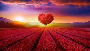Heart tree, Flower garden, Red flowers, Landscape, Scenery, Beautiful, Birds, Sunrise, Clouds, Mountains, Aesthetic, 4K wallpaper