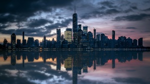 Manhattan Skyline, Hudson River, Cityscape, New York City, Skyscrapers, Urban, Metropolitan, Reflection, Dusk, Evening sky, 4K wallpaper