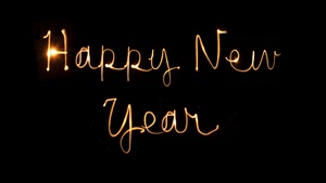 Happy New Year, Black background, New Years Eve, Greetings, Holidays, January, Golden letters, Sparklers, January, 4K wallpaper