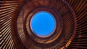 Metal design, Circular, Pattern, Blue Sky, Looking up at Sky, Spiral, Indoor, Symmetrical, 4K wallpaper