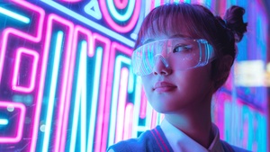 Girl, Neon Lights, Purple, Glow, Cyberpunk, Asian Girl, Neon glow, 4K wallpaper