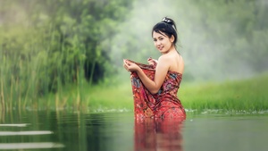 Asian Girl, Teen, Lake, Pond, Bath time, Portrait, Smiling, Thailand, 4K wallpaper