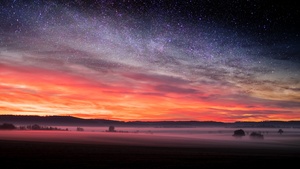 Starry sky, Sunset Orange, Landscape, Fog, Scenery, Clouds, 4K wallpaper