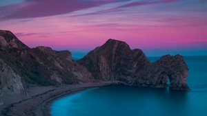 Durdle Door, United Kingdom, England, Purple sky, Ocean blue, Coastline, Landscape, Seashore, Jurassic Coast, Cliff, Birds eye view, 4K wallpaper