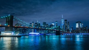 Brooklyn Bridge, Manhattan Skyline, Waterfront, New York, Cityscape, Blue, Night life, Body of Water, Clear sky, Modern architecture, 4K wallpaper