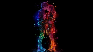 Kissing couple, Colorful art, AMOLED, Black background, Romantic kiss, Love couple, 4K wallpaper
