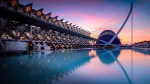 City of Arts and Sciences, Spain, Valencia, Sunrise, Pool, Reflection, Modern architecture, 4K wallpaper