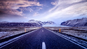 Beautiful, Road, Mountains, Snow covered, Glacier, Landscape, Iceland, Clouds, Calm, 4K wallpaper