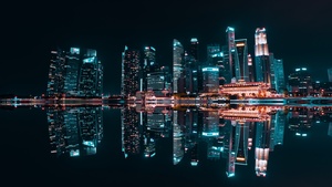 Singapore City, Skyscrapers, Modern architecture, Night life, City lights, Reflection, Symmetrical, Buildings, Body of Water, 4K wallpaper
