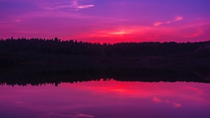 Purple sky, Sunset, Body of Water, Lake, Reflection, Horizon, Silhouette, Beauty in Nature, Gradient background, Scenery, Vibrant, Dusk, Golden hour, 4K wallpaper