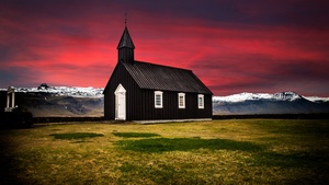 Iceland, Church, Landscape, Red Sky, Glacier mountains, Snow covered, Wooden House, Scenery, Beautiful, 4K wallpaper