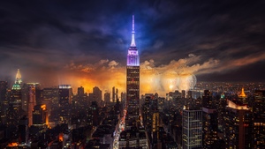 Empire State Building, Fireworks, New York City, Night City, Skyscrapers, Metropolitan, Iconic, Cityscape, City lights, 4K wallpaper