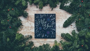 Happy New Year, Christmas decoration, Christmas tree, Branches, Wooden background, January, 4K wallpaper