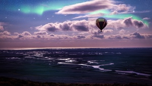 Hot air balloon, Aurora Borealis, Northern Lights, Clouds, Landscape, Dusk, Starry sky, 4K wallpaper