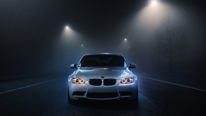 BMW M3, White cars, Dark background, Night time, Street lights, Foggy night, Automobile, 4K wallpaper