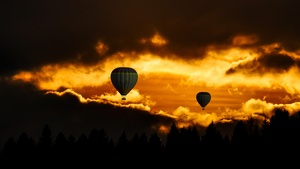 Hot air balloons, Sunset, Flying, Travel, Vacation, Dusk, Adventure, Dark clouds, Dark background, 4K wallpaper