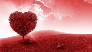 Landscape, Heart tree, Red background, Child, Dream, Clouds, Red Sky, Aesthetic, 4K wallpaper